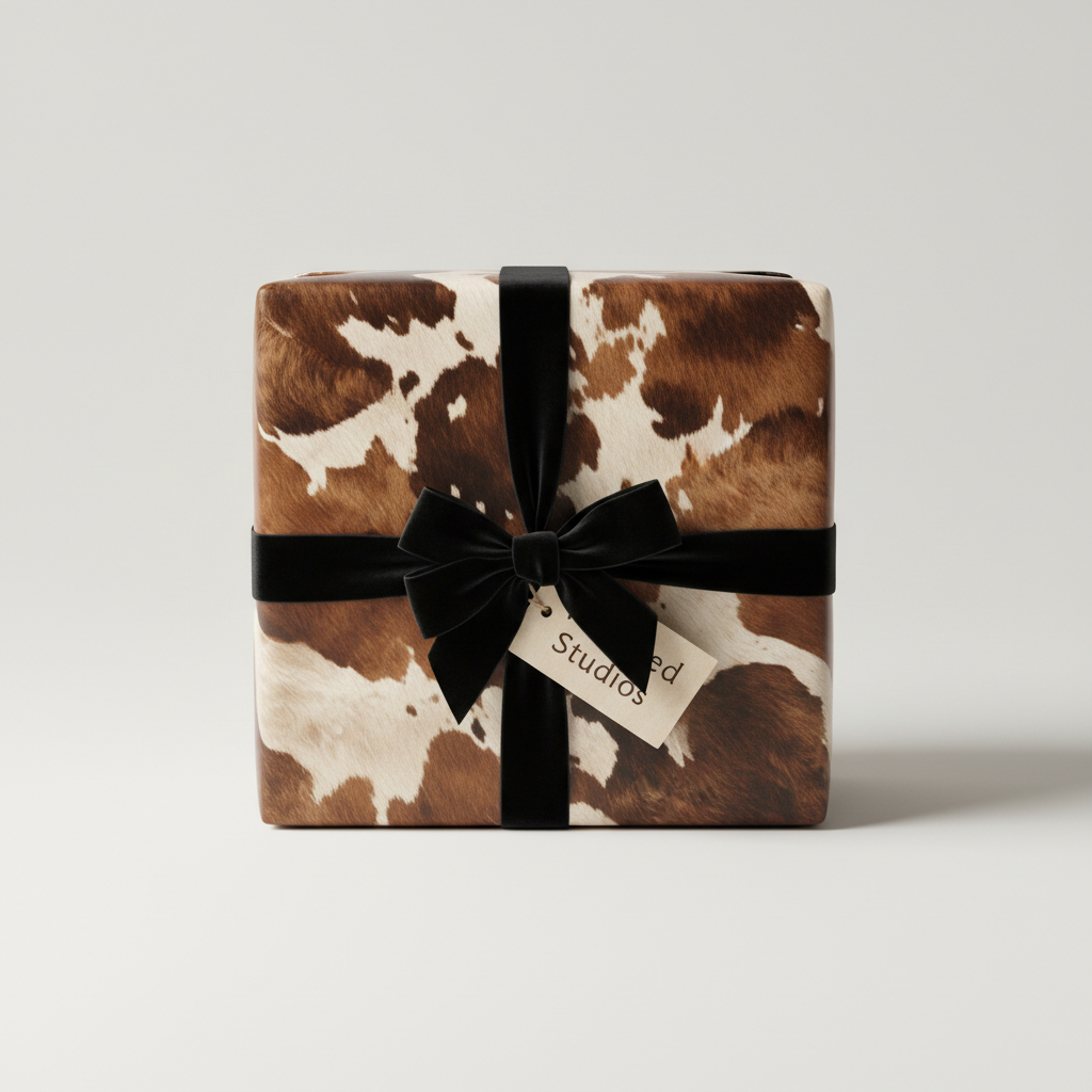 Brown and white cow print wrapping paper with black velvet ribbon and bow.