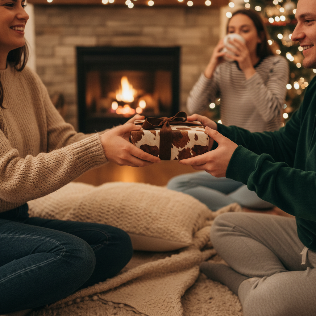 Cozy Christmas scene: People exchanging gifts wrapped in cow print paper with brown ribbon.