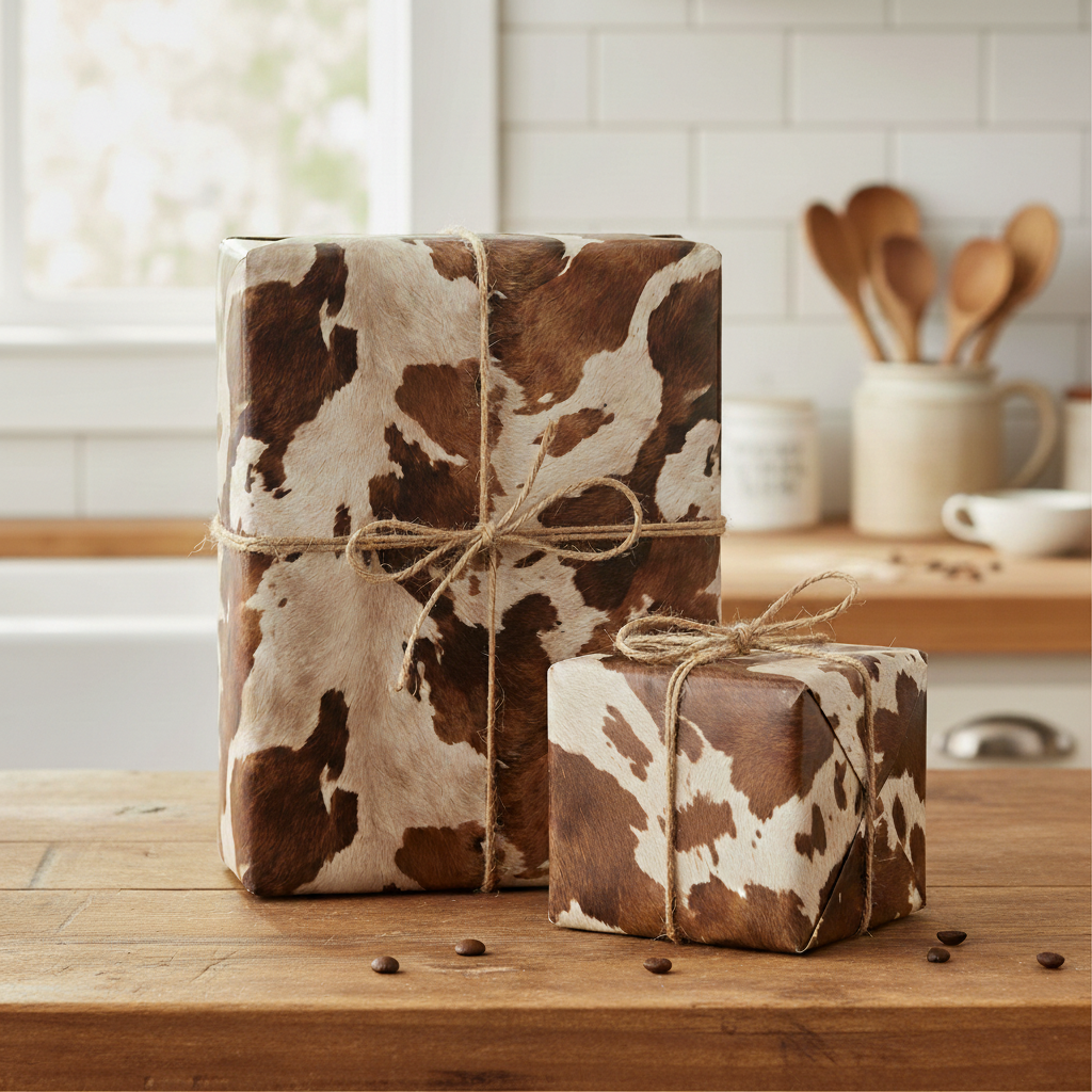 Gifts wrapped in unique brown-and-white cow print wrapping paper with twine bows, perfect for a rustic or western-themed gift.