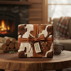 Rustic Christmas gift with cowhide wrapping paper and brown ribbon by a cozy fireplace.