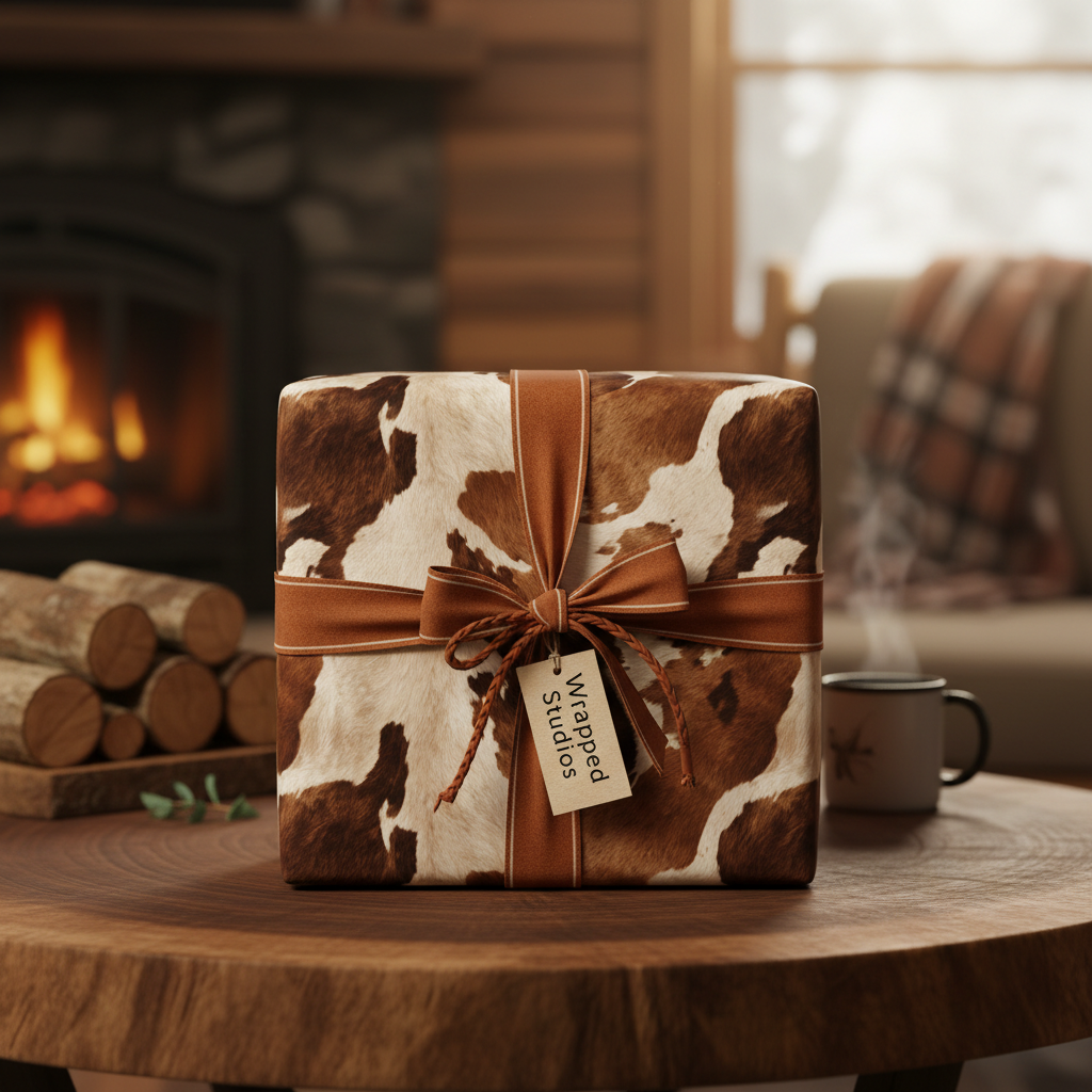 Rustic Christmas gift with cowhide wrapping paper and brown ribbon by a cozy fireplace.