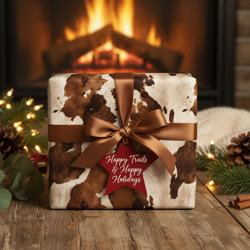 Rustic Christmas gift wrap: Cowhide pattern paper with bronze ribbon and "Happy Trails" tag by cozy fireplace.
