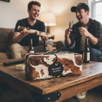 Rectangular gift wrapped in rustic cow print wrapping paper with a black cord bow.