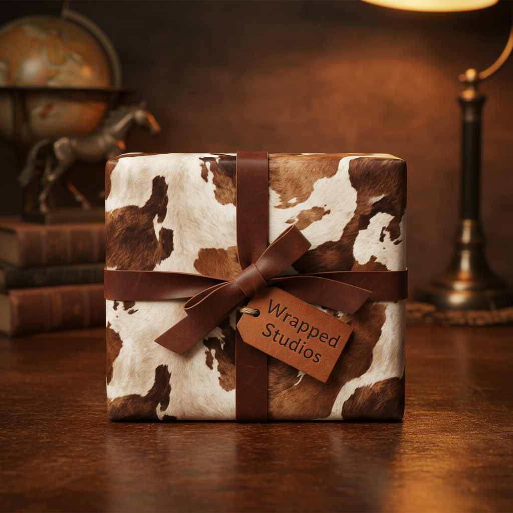 Rustic cowhide pattern gift wrap with brown leather ribbon and tag, perfect for a unique present.