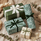 Botanical sage green floral wrapping paper with white wildflowers on elegant gift boxes, by Wrapped Studios.