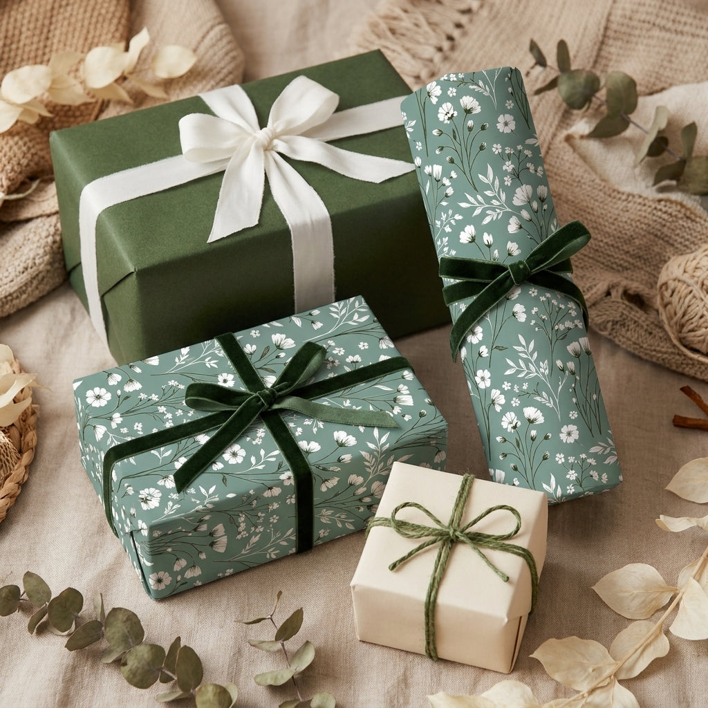 Botanical sage green floral wrapping paper with white wildflowers on elegant gift boxes, by Wrapped Studios.