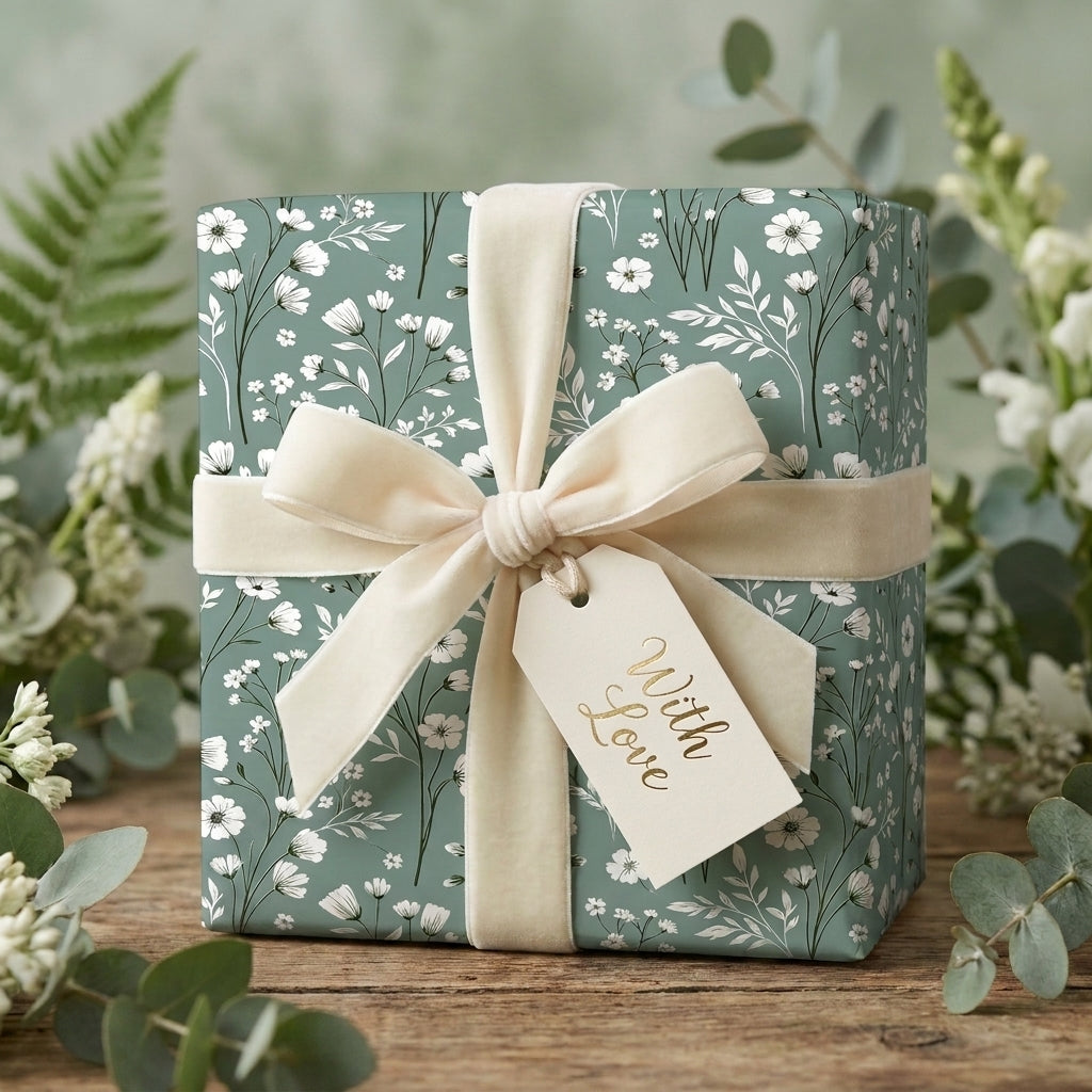 Sage green floral wrapping paper with a cream velvet bow on a rustic gift box, by Wrapped Studios.