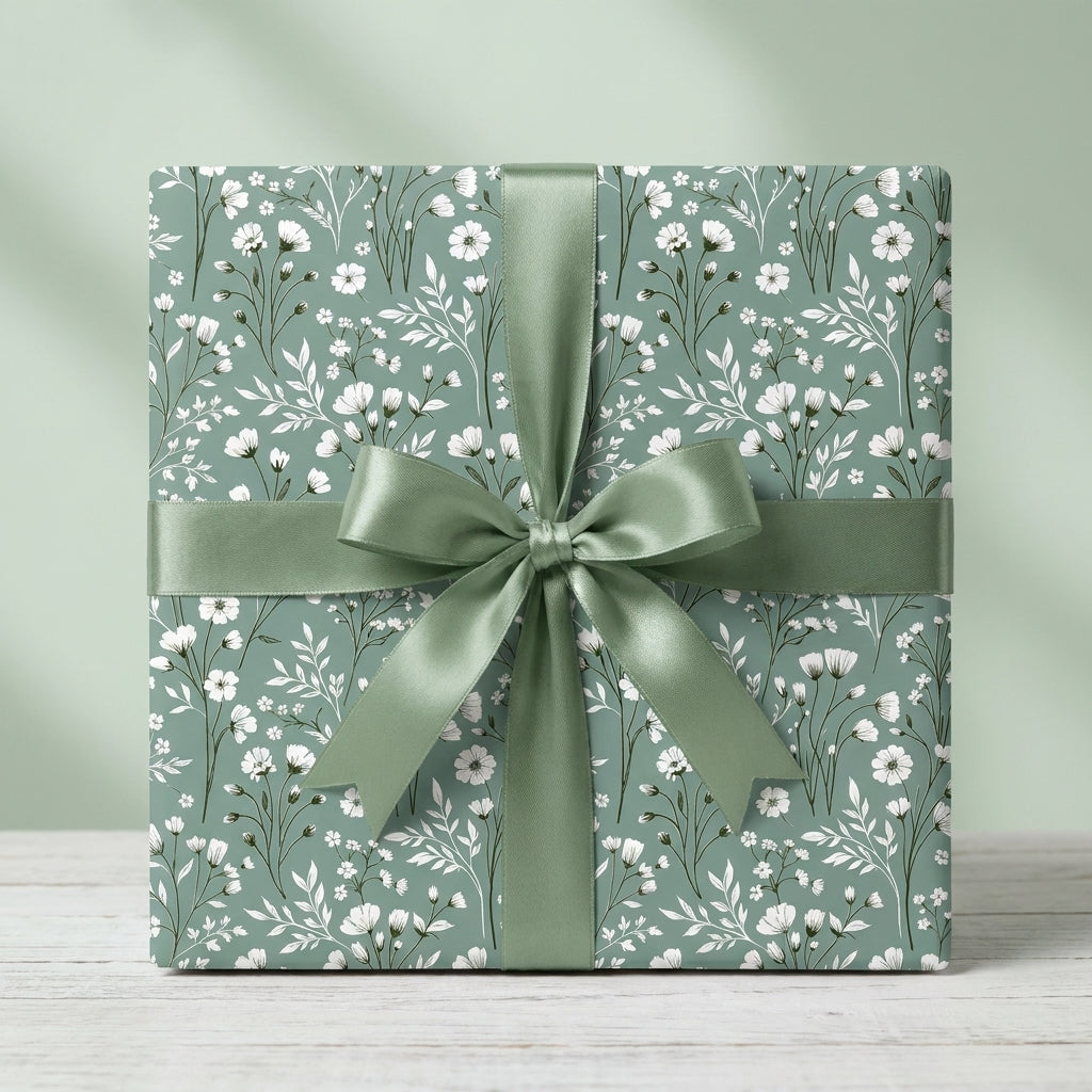 Sage green floral wrapping paper with botanical wildflower pattern and satin ribbon by Wrapped Studios.
