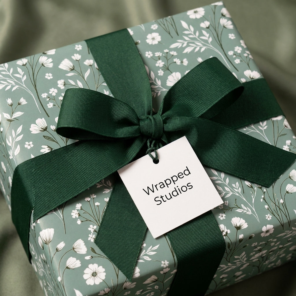 Sage green botanical floral wrapping paper with a dark green ribbon bow by Wrapped Studios.