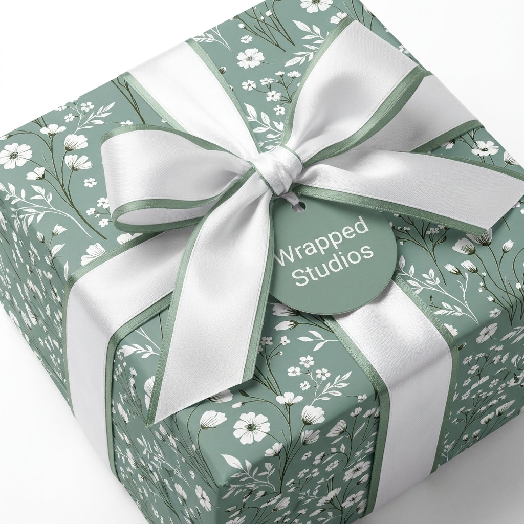Sage green botanical floral wrapping paper with a white satin bow, luxury gift wrap by Wrapped Studios.