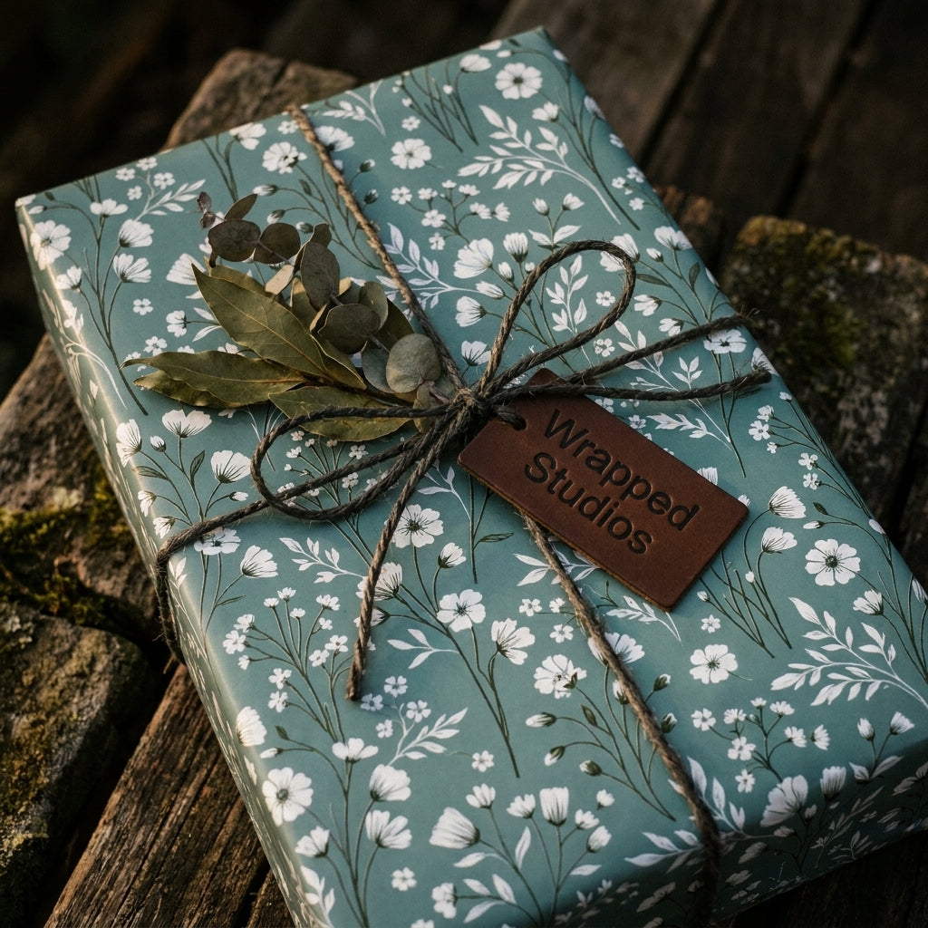 Sage green floral wrapping paper by Wrapped Studios on a gift box tied with rustic twine and dried leaves.