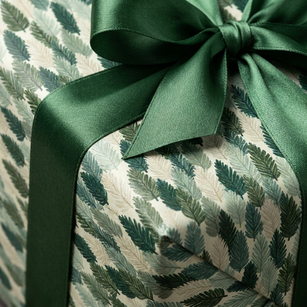 Luxury botanical leaf wrapping paper with a green satin ribbon bow by Wrapped Studios.
