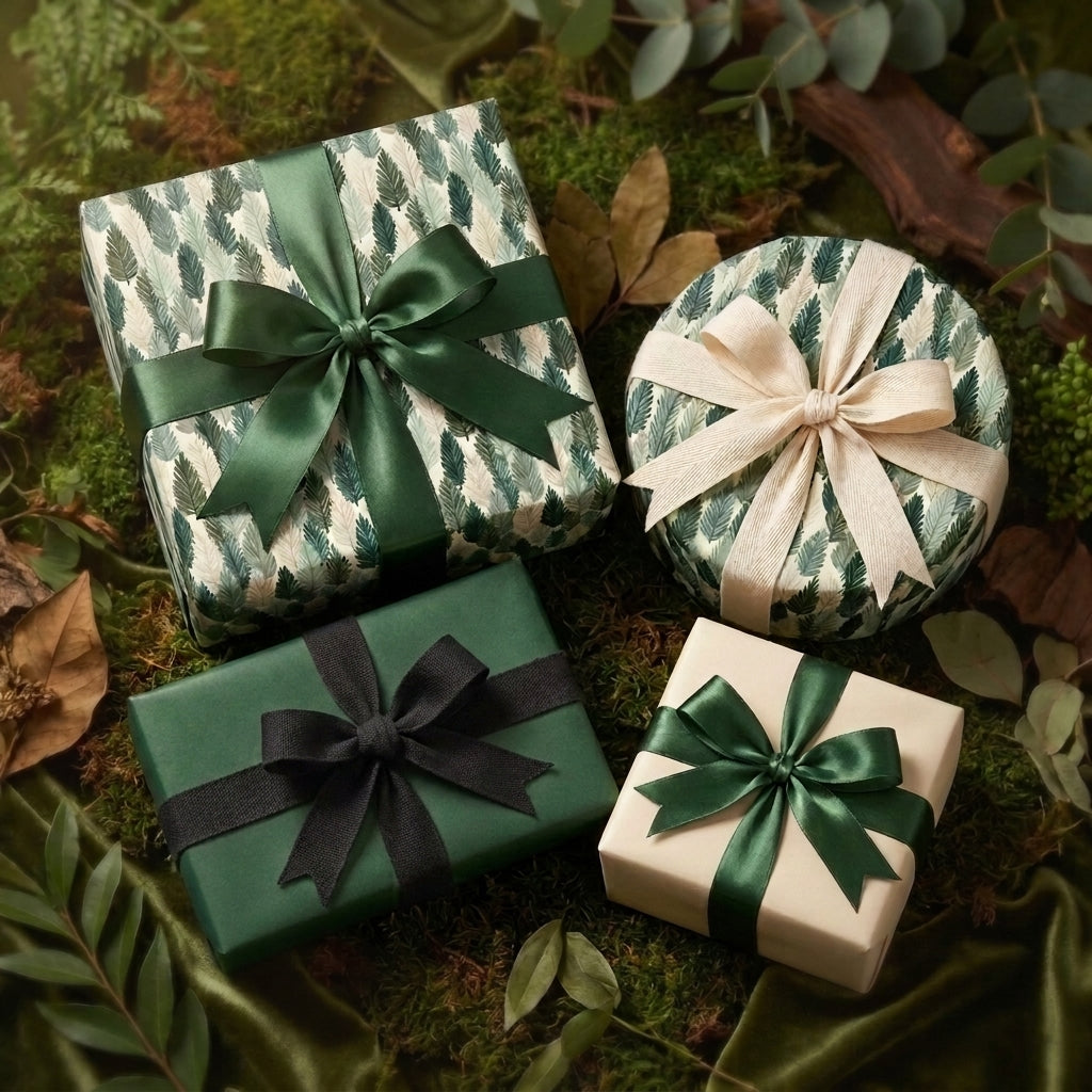Luxury forest green botanical wrapping paper and elegant gift bows by Wrapped Studios.