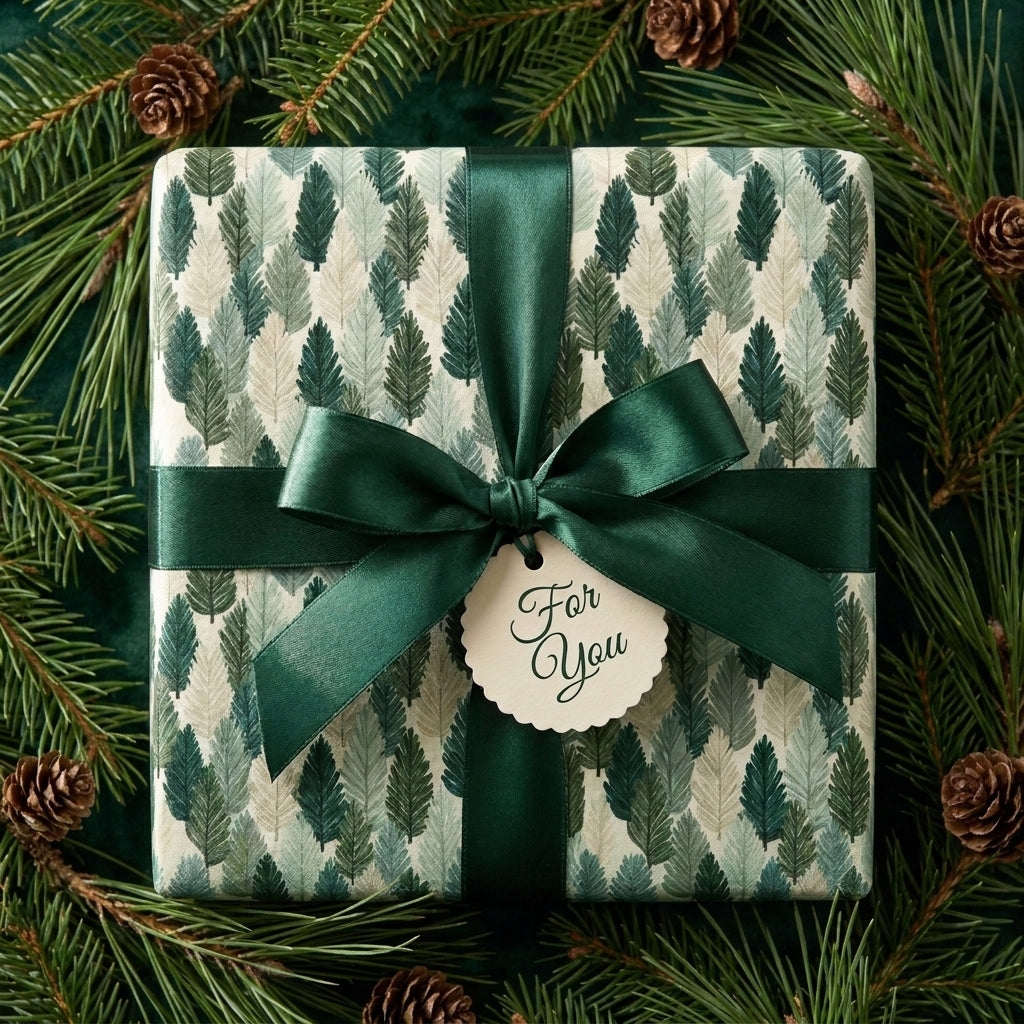 Elegant forest tree Christmas gift wrap with green satin bow and pine branches by Wrapped Studios.