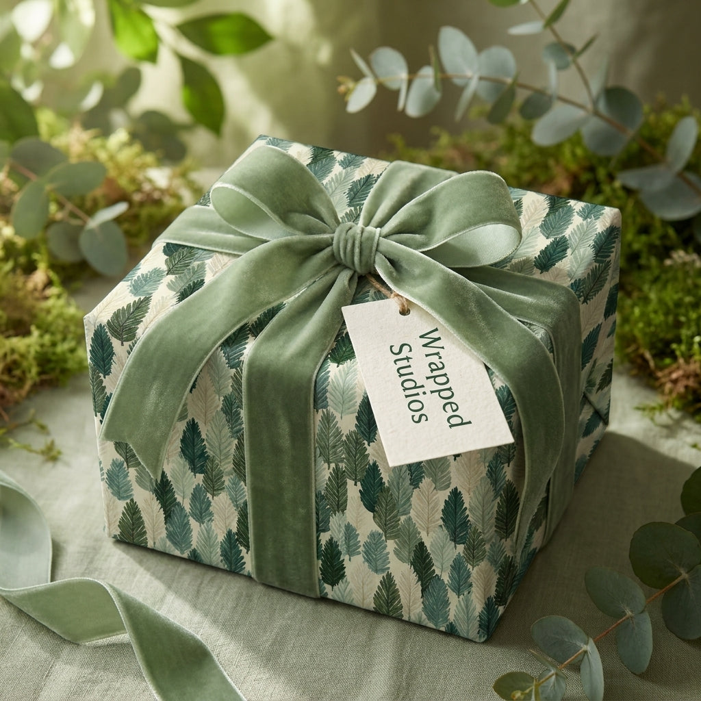 Botanical Christmas wrapping paper by Wrapped Studios, tied with a luxury sage green velvet ribbon.