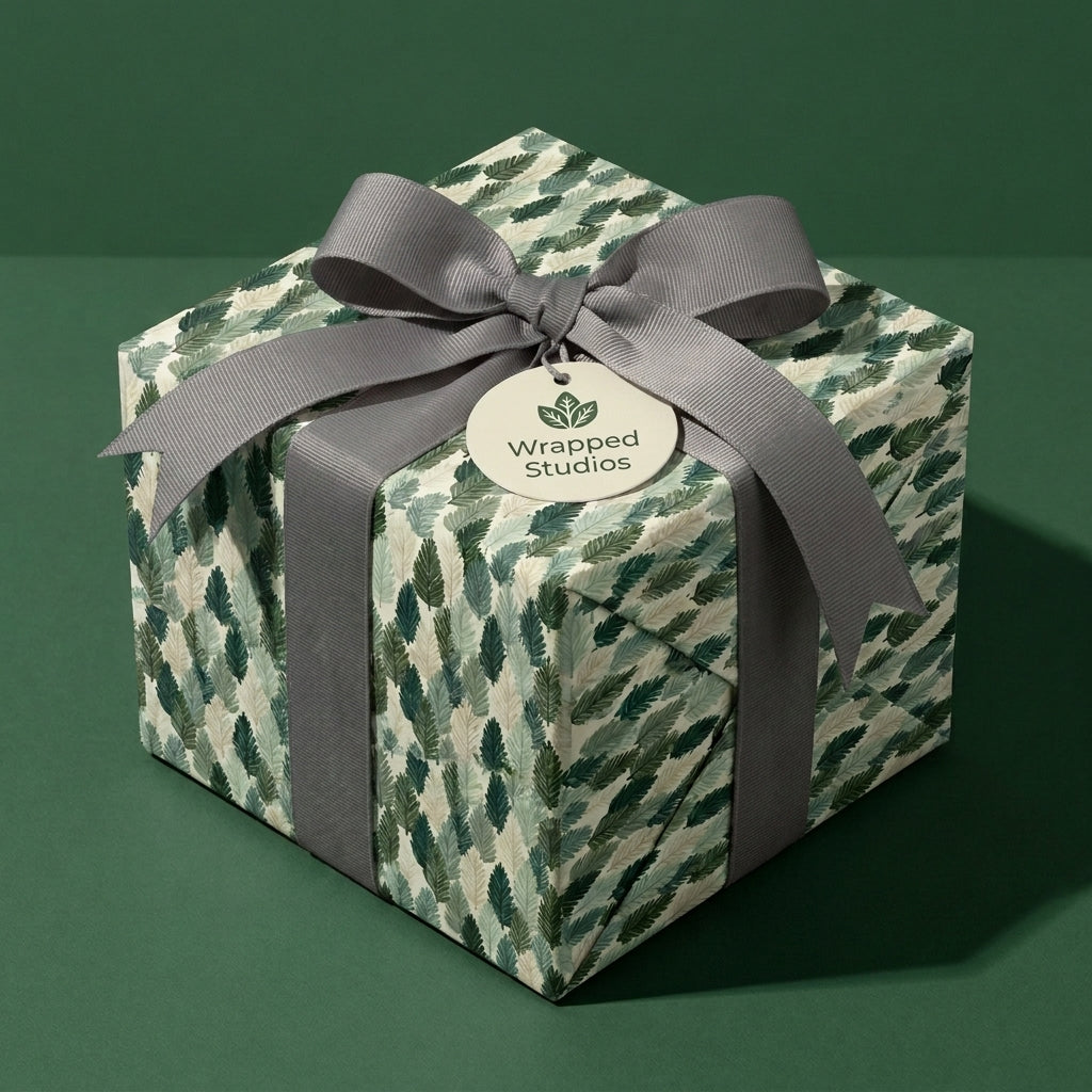 Luxury botanical wrapping paper with green leaf pattern and grey ribbon by Wrapped Studios.