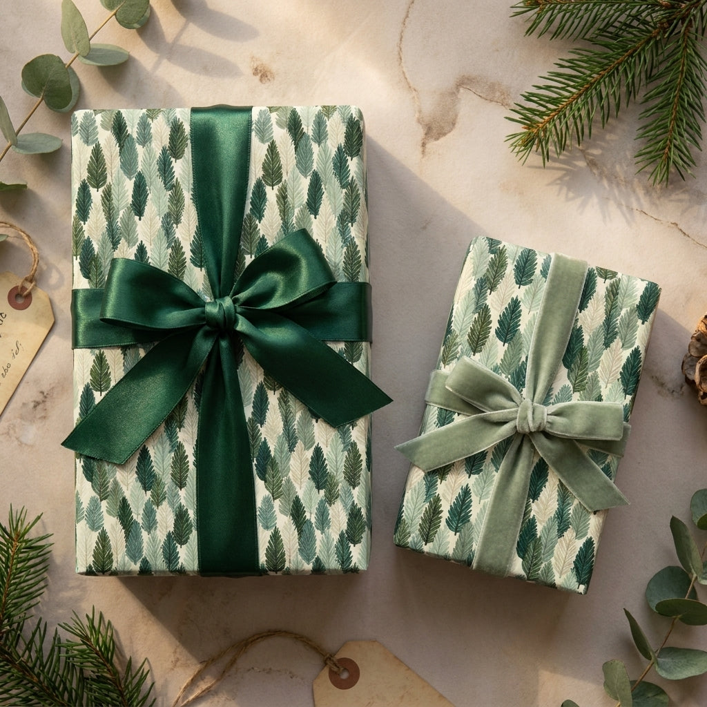 Evergreen tree Christmas wrapping paper with green satin and velvet ribbons by Wrapped Studios.