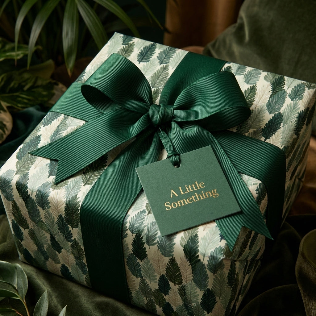 Luxury botanical wrapping paper with a green leaf pattern and ribbon by Wrapped Studios.
