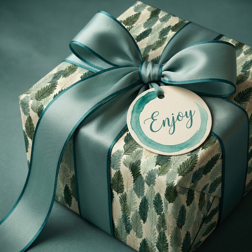 Elegant botanical gift wrap with a teal satin ribbon and 'Enjoy' tag by Wrapped Studios.