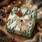 Rustic green pine Christmas gift wrap with a cream fabric bow and star tag by Wrapped Studios.