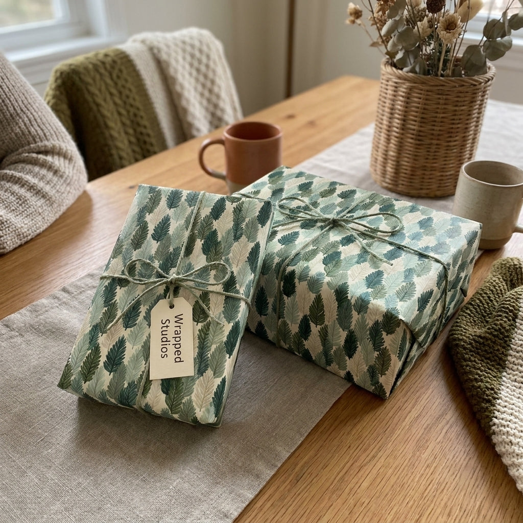 Rustic botanical holiday wrapping paper with green pine leaf pattern on cozy gifts by Wrapped Studios.