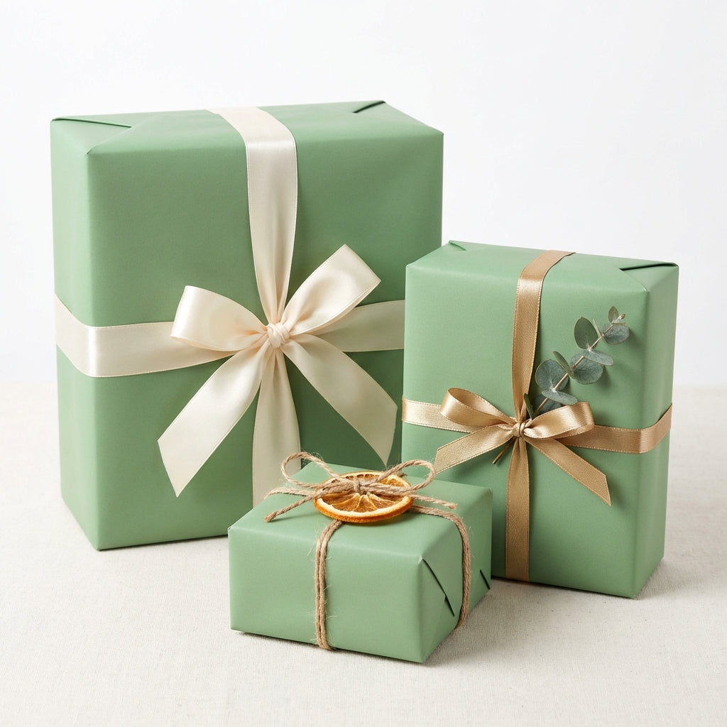 Three sage green gift boxes with decorative ribbons and bows on a white background