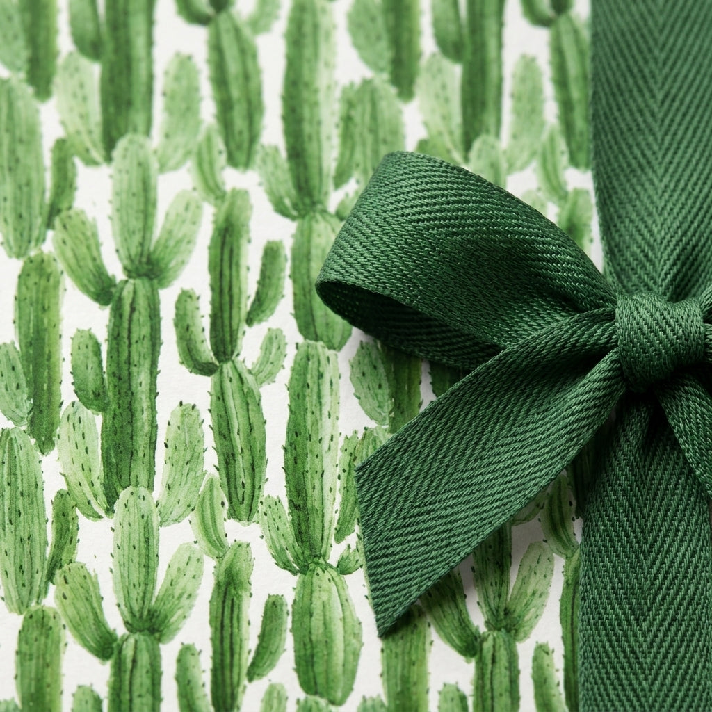 Green watercolor cactus wrapping paper with a green herringbone bow, modern birthday gift wrap by Wrapped Studios.
