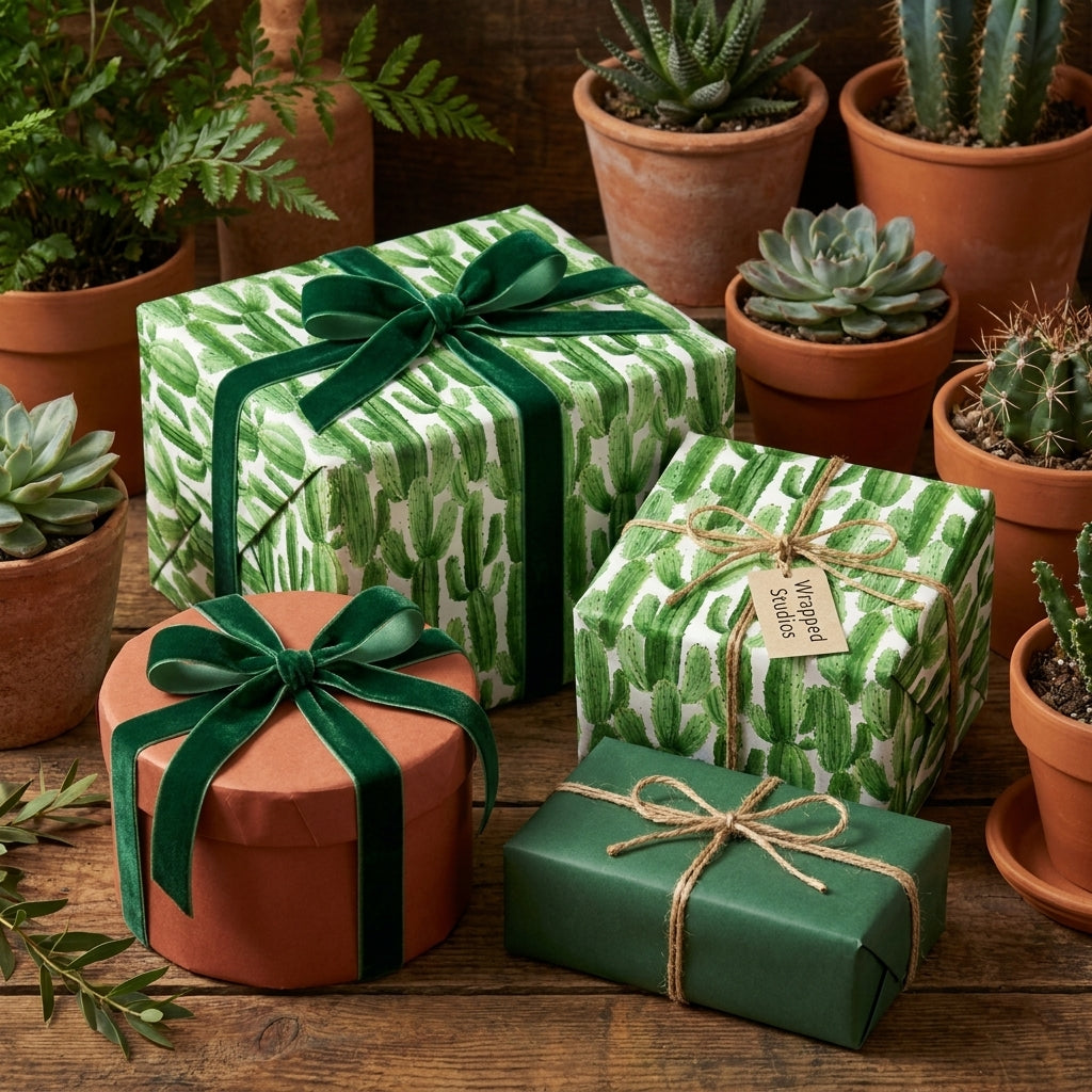 Cactus wrapping paper and rustic gift wrap from Wrapped Studios, styled with green velvet ribbon and twine.