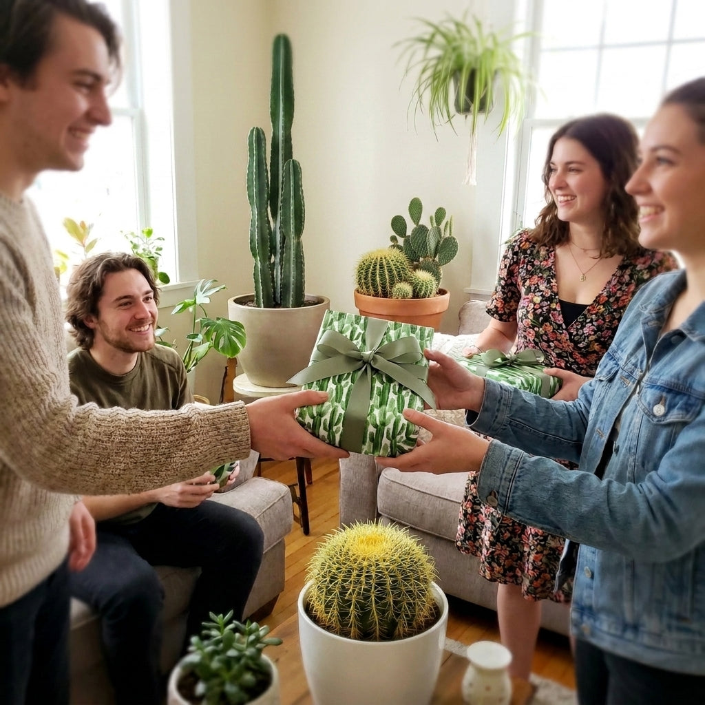 Friends exchange gifts wrapped in green cactus wrapping paper with sage bows by Wrapped Studios.