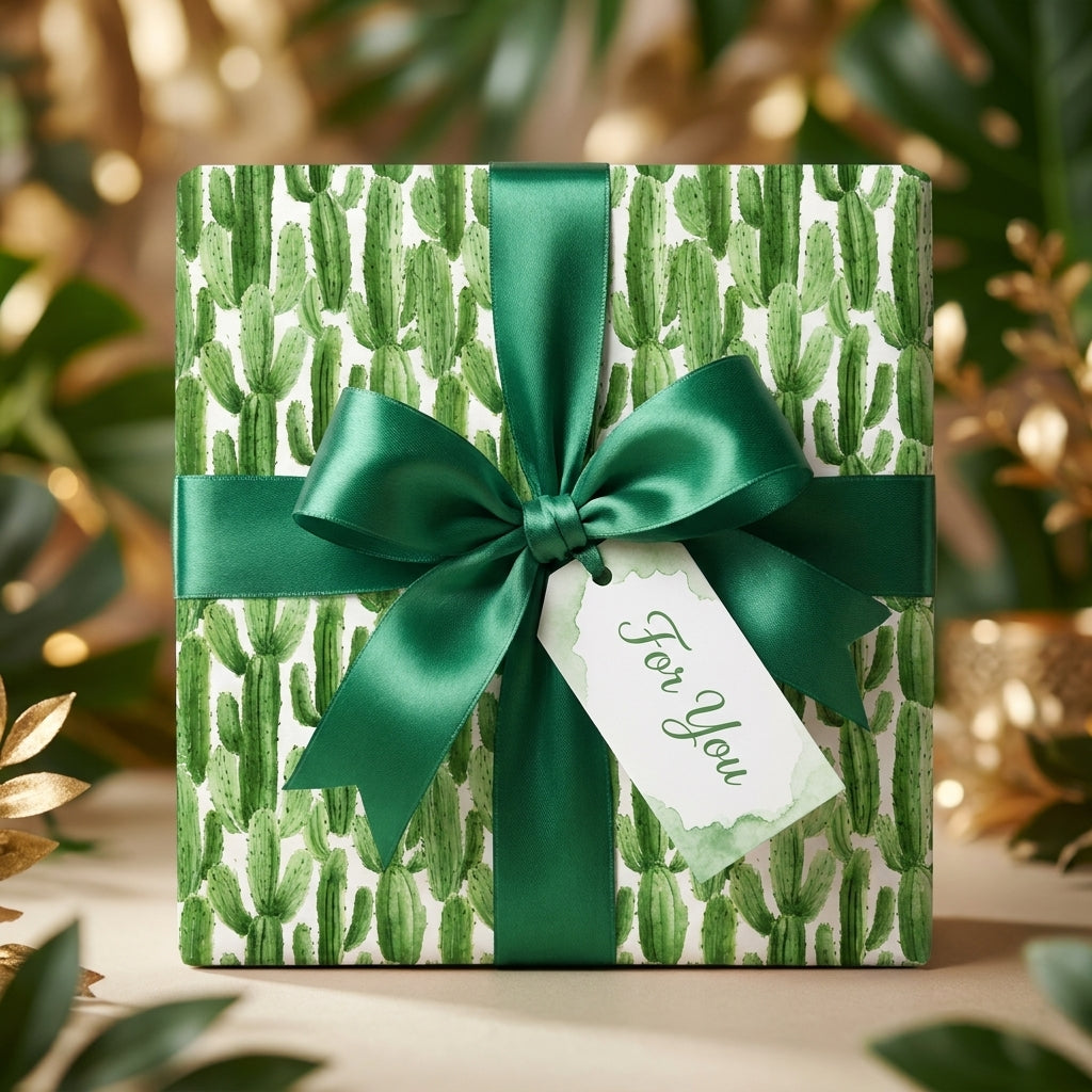 Watercolor cactus wrapping paper with an emerald green ribbon and gift tag by Wrapped Studios.