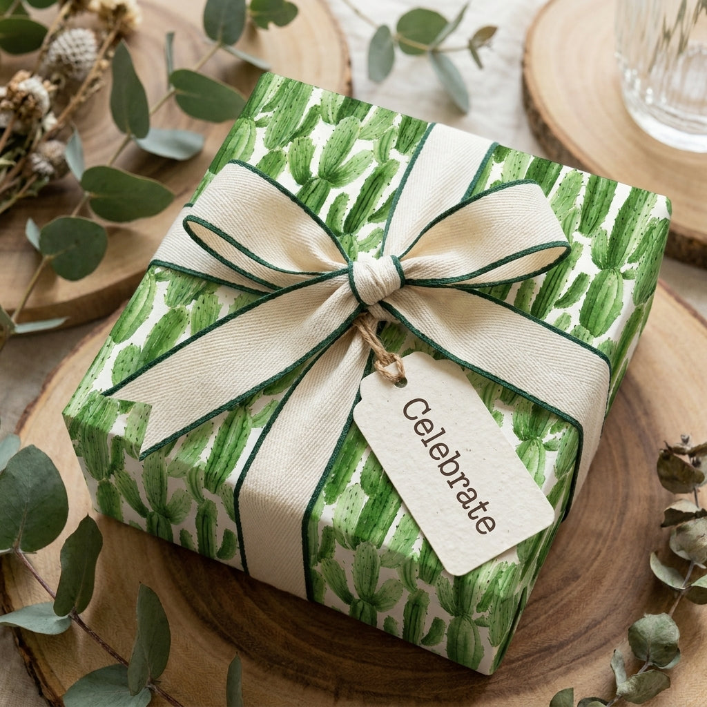 Botanical cactus wrapping paper with a cream bow and "Celebrate" tag by Wrapped Studios.