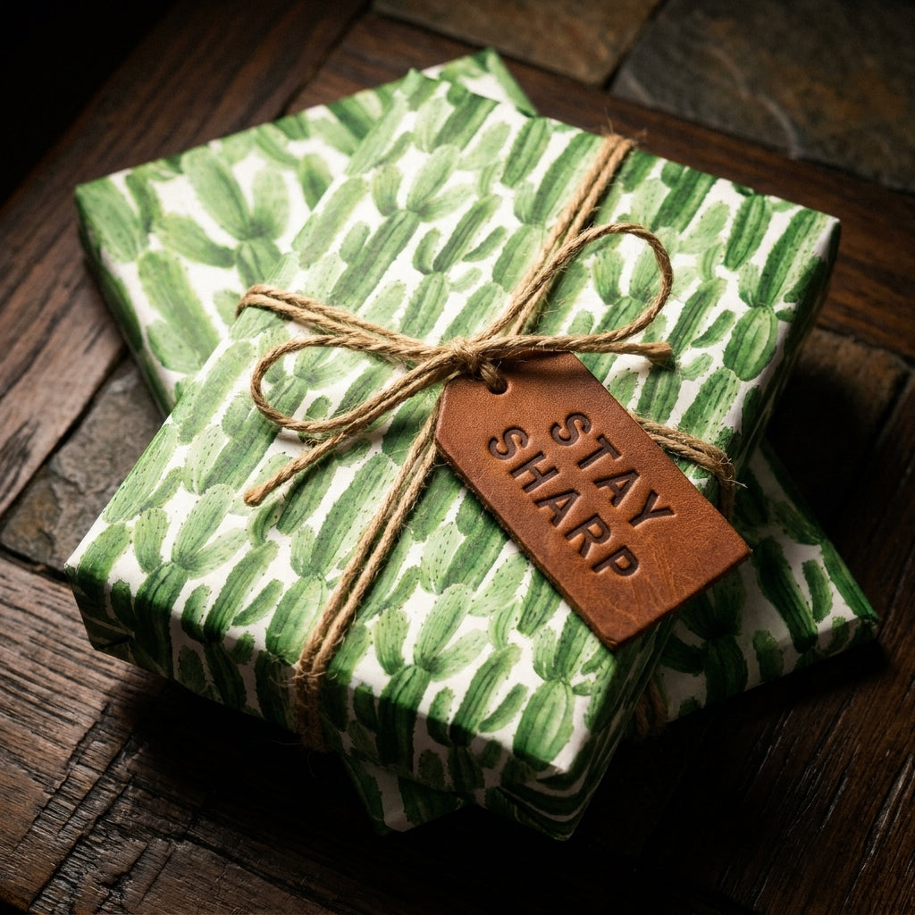 Green cactus wrapping paper with a twine bow and leather tag by Wrapped Studios.