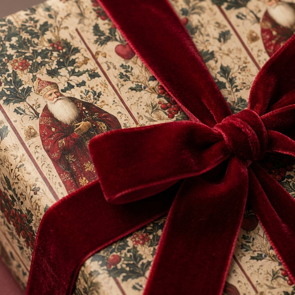 Christmas gift wrapped in vintage Santa floral wrapping paper and tied with a red velvet ribbon bow.