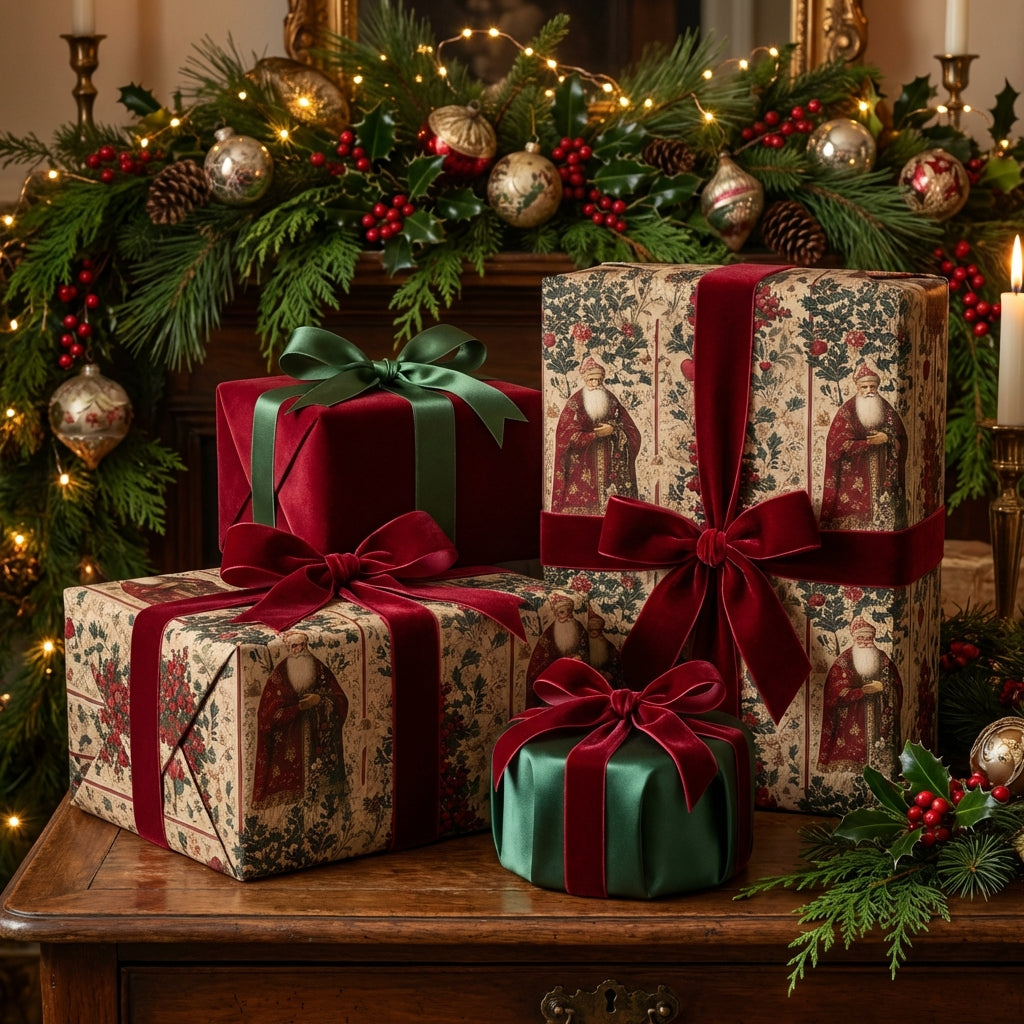 Elegant Christmas gift wrap featuring vintage Santa Claus pattern with velvet ribbon bows.