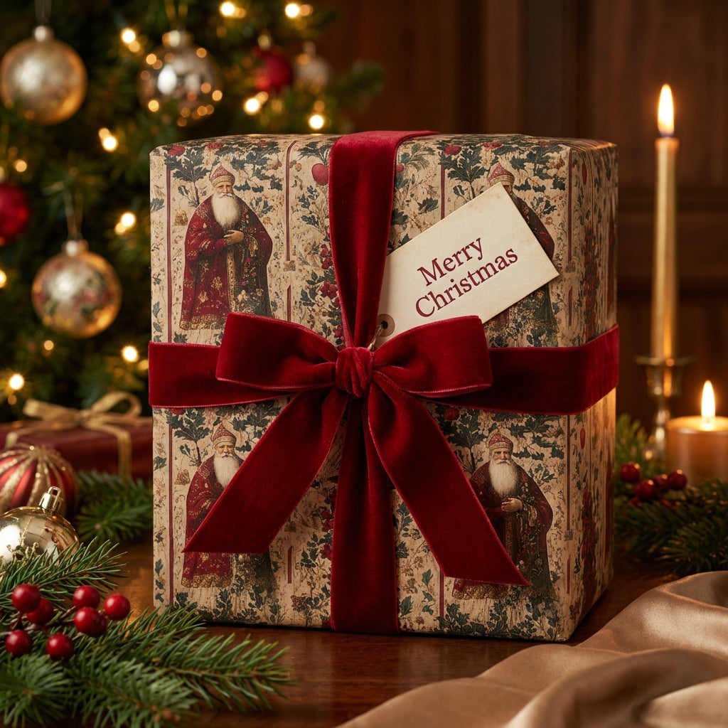Elegant Christmas gift wrapped in vintage Santa Claus paper with a red velvet bow.
