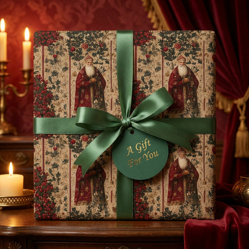Christmas gift wrapped in vintage Santa and botanical print paper with green ribbon.