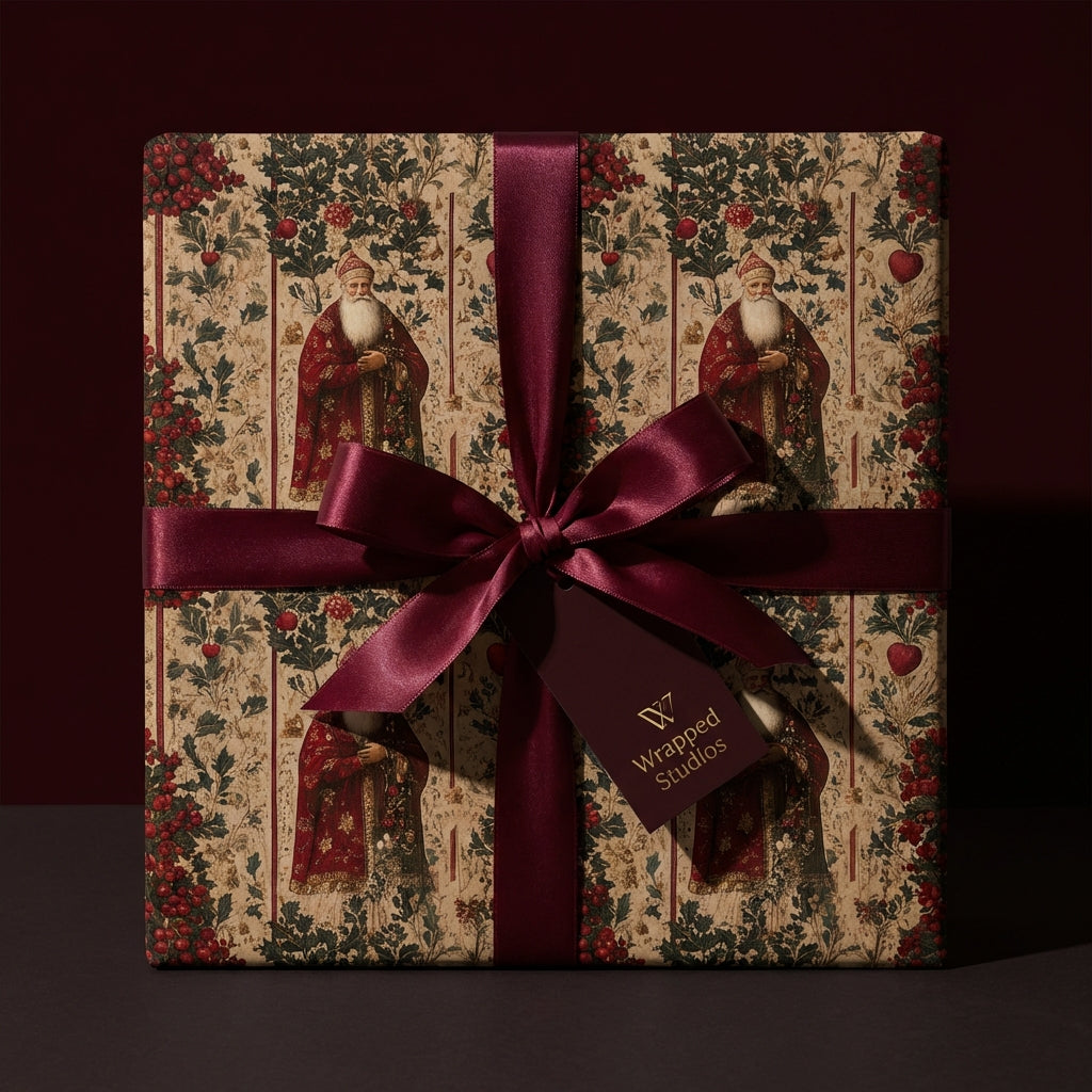 Wrapped Studios elegant Christmas gift wrap. Features vintage Santa Claus pattern and a burgundy satin bow.