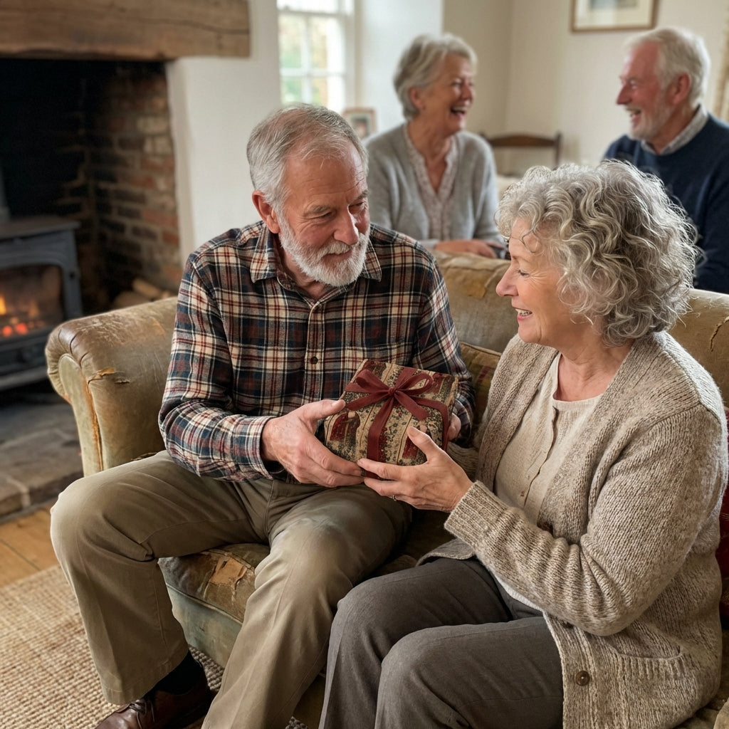 Elderly couple exchanging a Wrapped Studios floral gift wrap, with a red ribbon, at Christmas.