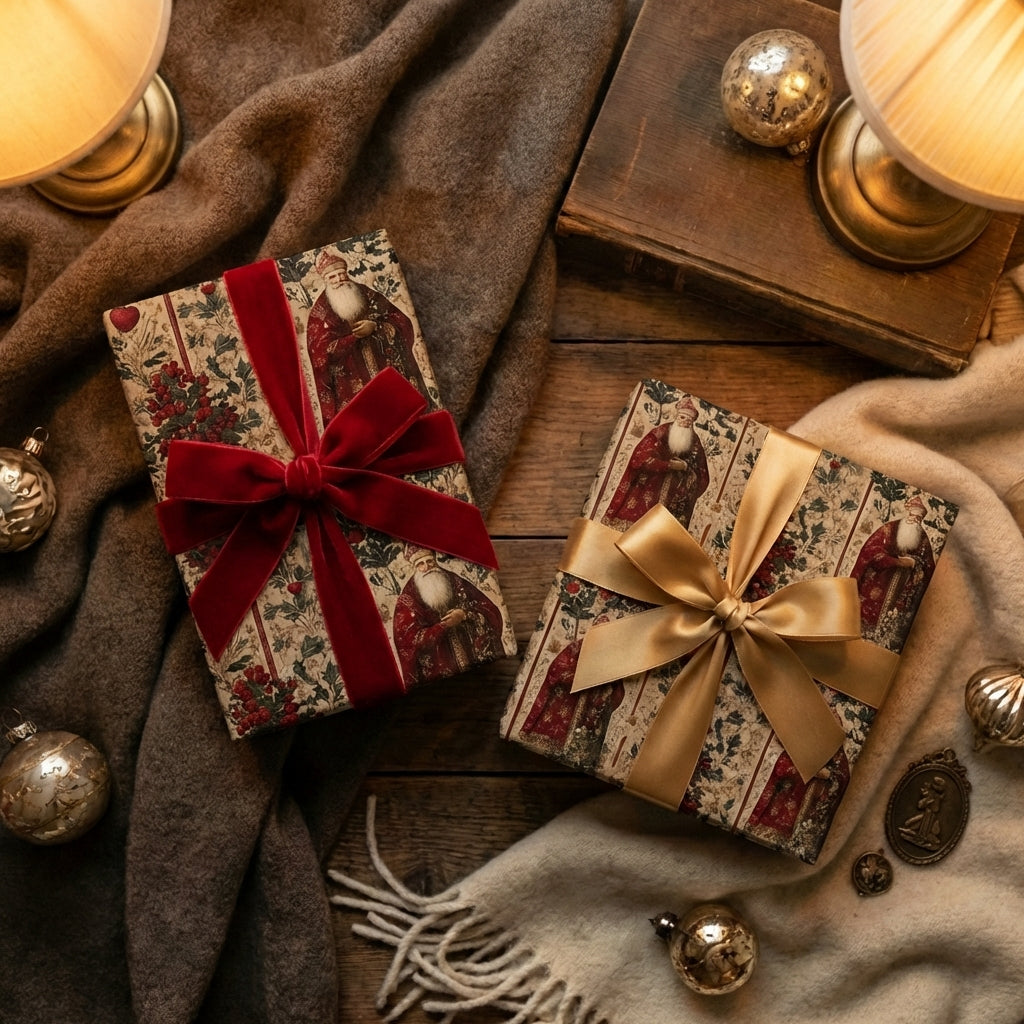 Two Christmas gifts wrapped in vintage Santa Claus wrapping paper, tied with velvet and gold bows.