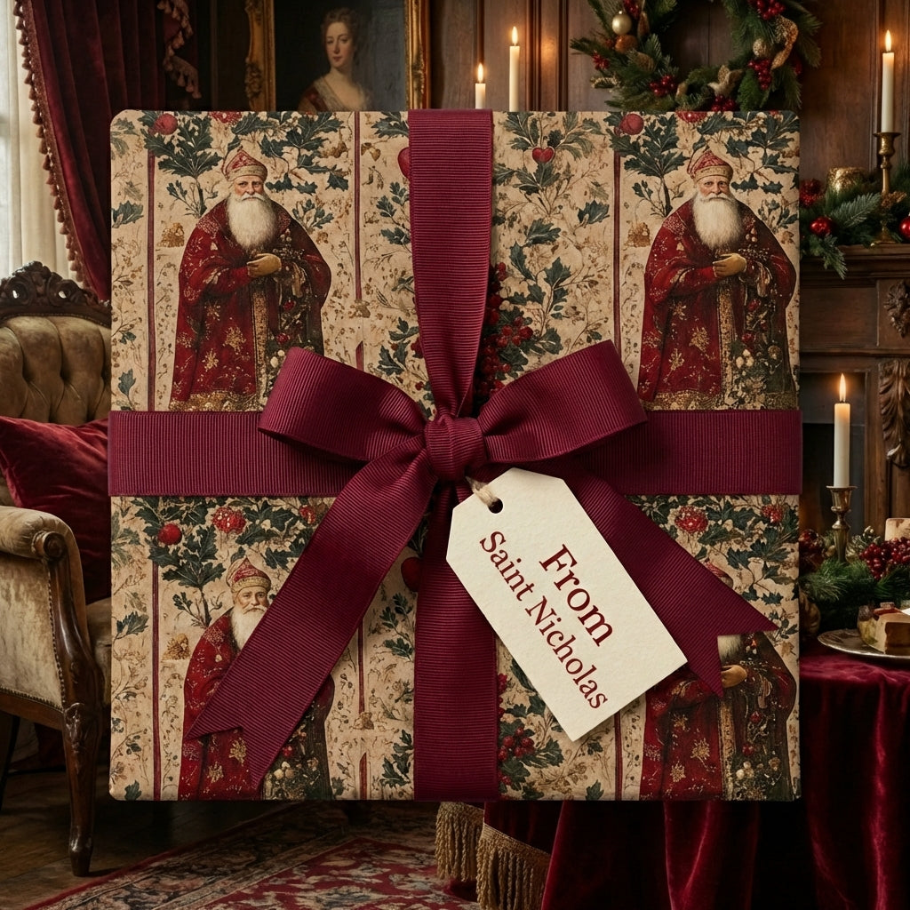 Elegant Christmas gift with vintage Santa wrapping paper and a burgundy ribbon.