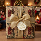 Wrapped gift with a Santa Claus print wrapping paper and gold ribbon bow for a luxury Christmas gift.