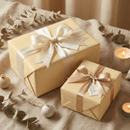 Elegant tan wrapping paper with satin ribbon on gifts for birthdays, holidays, or special occasions.