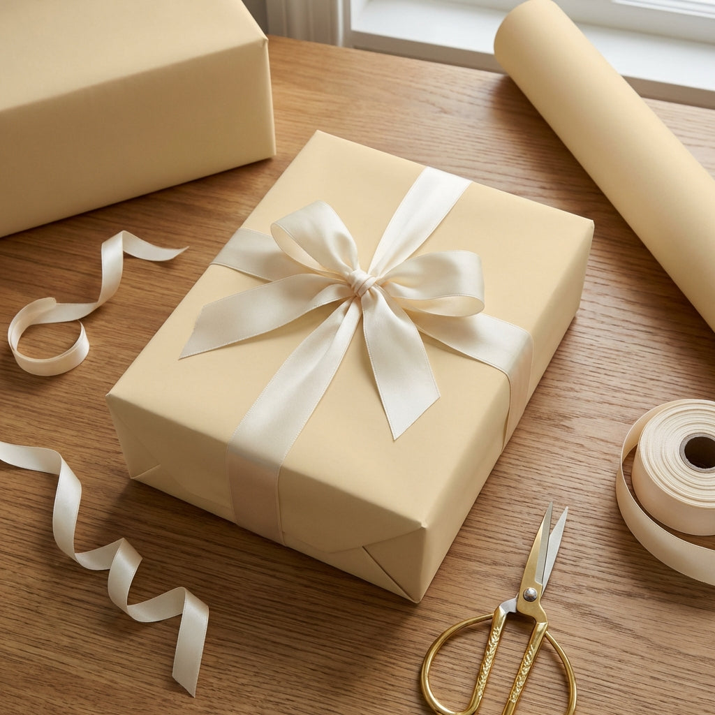 Beige wrapping paper roll & gift box, tied with cream satin ribbon. Elegant neutral solid color gift wrap for weddings or birthdays.