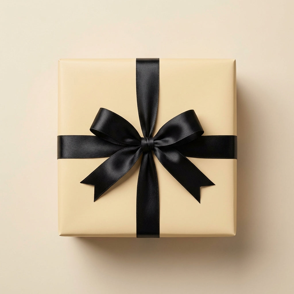 Beige wrapping paper with elegant black satin ribbon bow for birthday, Christmas, or wedding gifts.