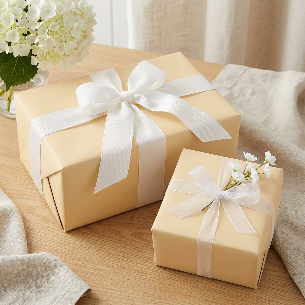 Elegant tan wrapping paper with white ribbon, perfect for a sophisticated birthday, wedding, or baby shower gift.