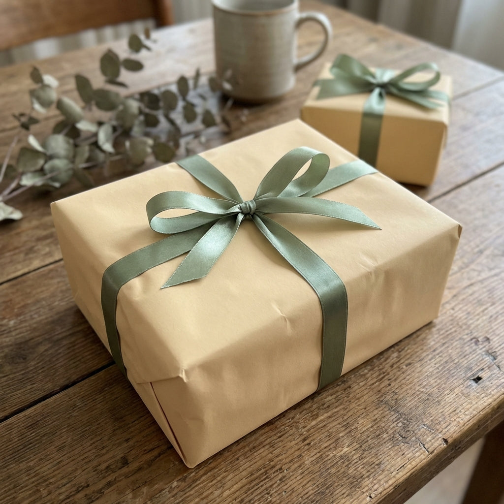 Tan gift wrapped in solid wrapping paper with sage green satin ribbon on rustic wood table.