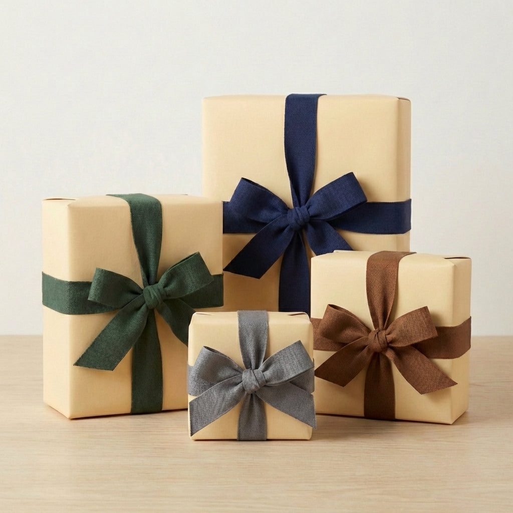 Neutral gift wrapping paper with navy, brown, green and grey ribbon bows for birthdays or holidays.
