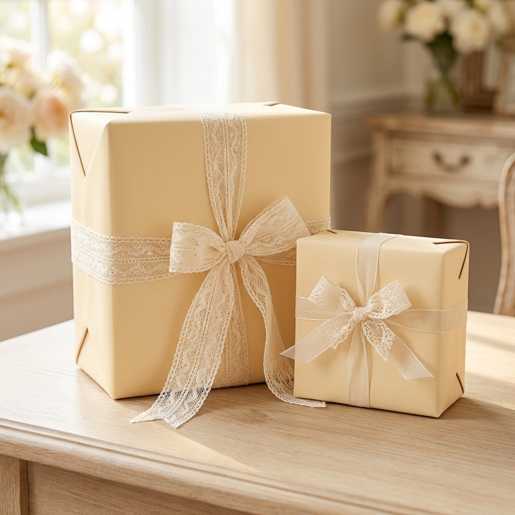 Two cream-colored gifts wrapped in solid paper and lace ribbon, perfect for elegant gift wrapping.