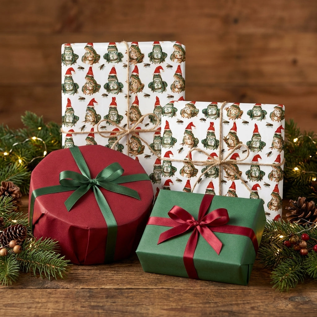 Whimsical frog Christmas wrapping paper on holiday gifts with red and green ribbons by Wrapped Studios.