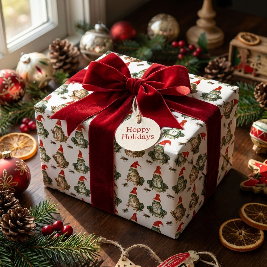 Funny frog Christmas wrapping paper by Wrapped Studios on a gift box with a red velvet bow and holiday decorations.